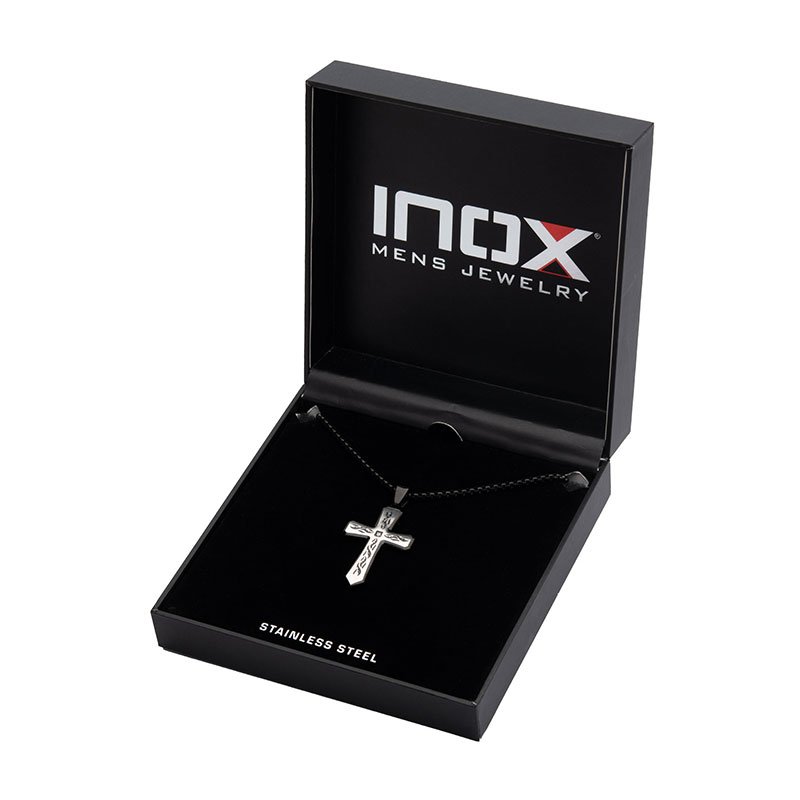 INOX Jewelry Black IP Tribal Cross Pendant with 2mm Lab-grown Diamond, with 24" Box Chain
