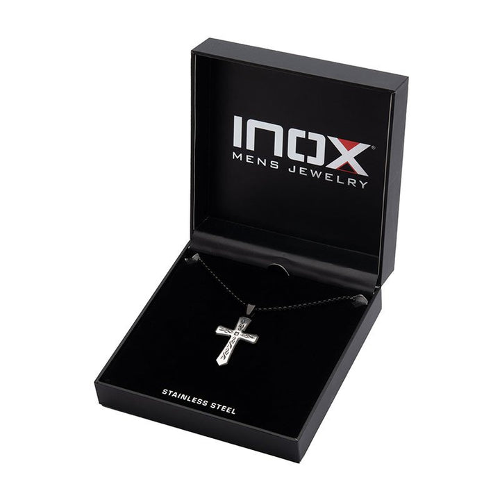 INOX Jewelry Black IP Tribal Cross Pendant with 2mm Lab-grown Diamond, with 24" Box Chain