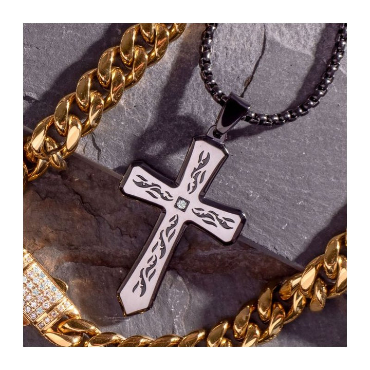 INOX Jewelry Black IP Tribal Cross Pendant with 2mm Lab-grown Diamond, with 24" Box Chain