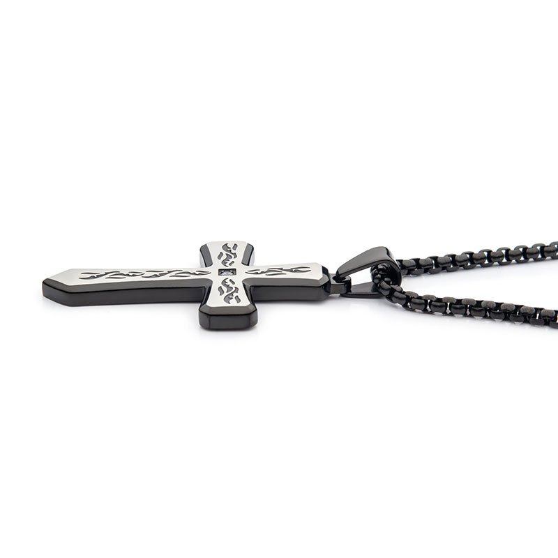 INOX Jewelry Black IP Tribal Cross Pendant with 2mm Lab-grown Diamond, with 24" Box Chain