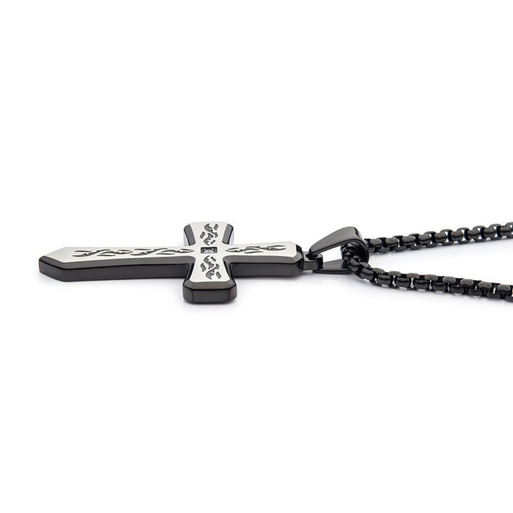 INOX Jewelry Black IP Tribal Cross Pendant with 2mm Lab-grown Diamond, with 24" Box Chain