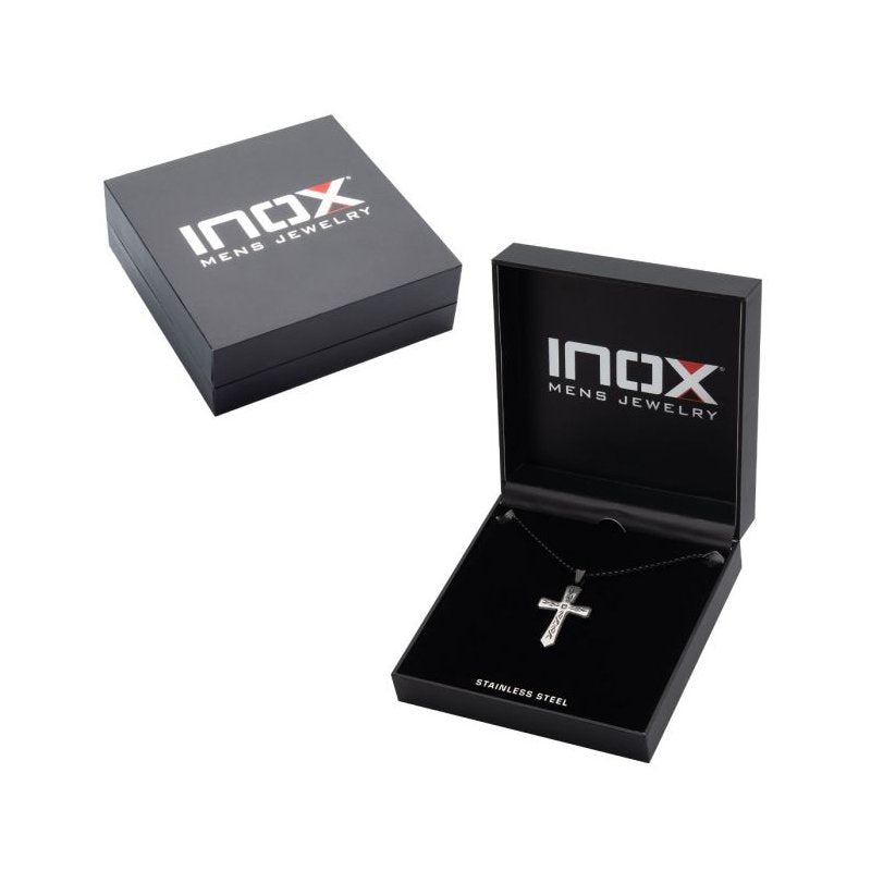 INOX Jewelry Black IP Tribal Cross Pendant with 2mm Lab-grown Diamond, with 24" Box Chain