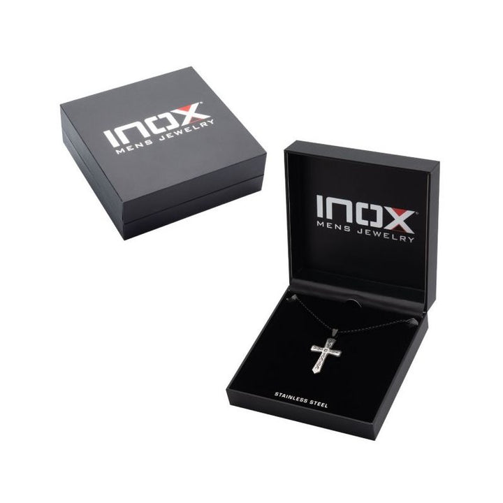 INOX Jewelry Black IP Tribal Cross Pendant with 2mm Lab-grown Diamond, with 24" Box Chain