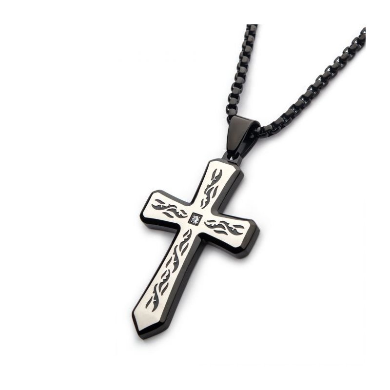 INOX Jewelry Black IP Tribal Cross Pendant with 2mm Lab-grown Diamond, with 24" Box Chain