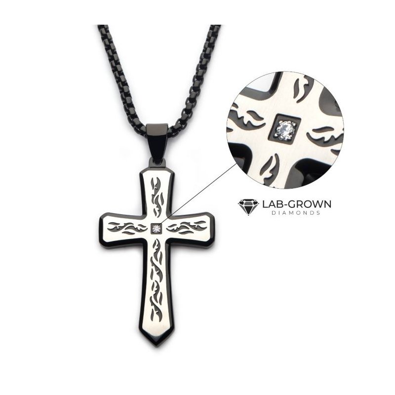 INOX Jewelry Black IP Tribal Cross Pendant with 2mm Lab-grown Diamond, with 24" Box Chain
