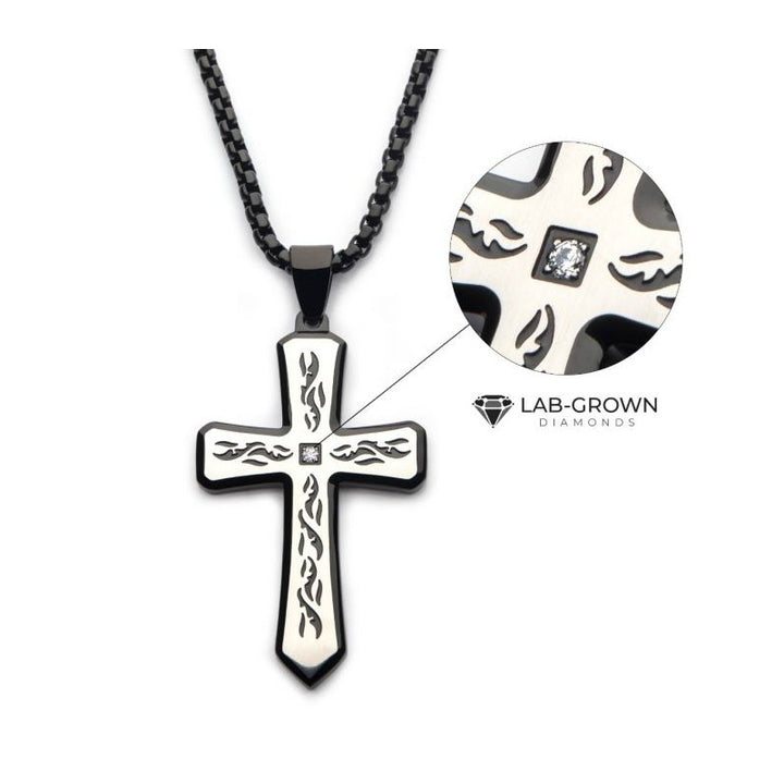 INOX Jewelry Black IP Tribal Cross Pendant with 2mm Lab-grown Diamond, with 24" Box Chain