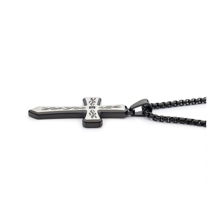 INOX Jewelry Black IP Tribal Cross Pendant with 2mm Lab-grown Diamond, with 24" Box Chain