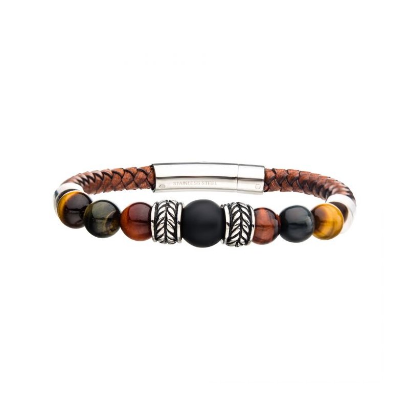 INOX Jewelry Brown Genuine Full Grain Cowhide Leather with Steel,Tiger Eye & Black Onyx Bead Bracelet BRLB1223