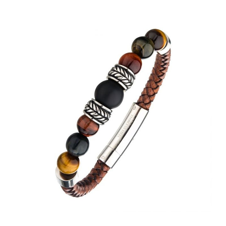 INOX Jewelry Brown Genuine Full Grain Cowhide Leather with Steel,Tiger Eye & Black Onyx Bead Bracelet