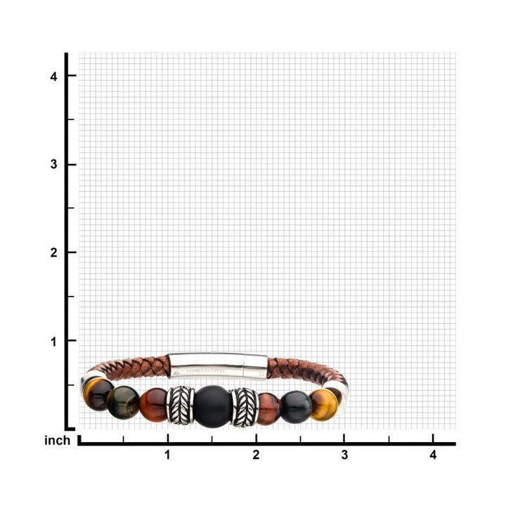 INOX Jewelry Brown Genuine Full Grain Cowhide Leather with Steel,Tiger Eye & Black Onyx Bead Bracelet