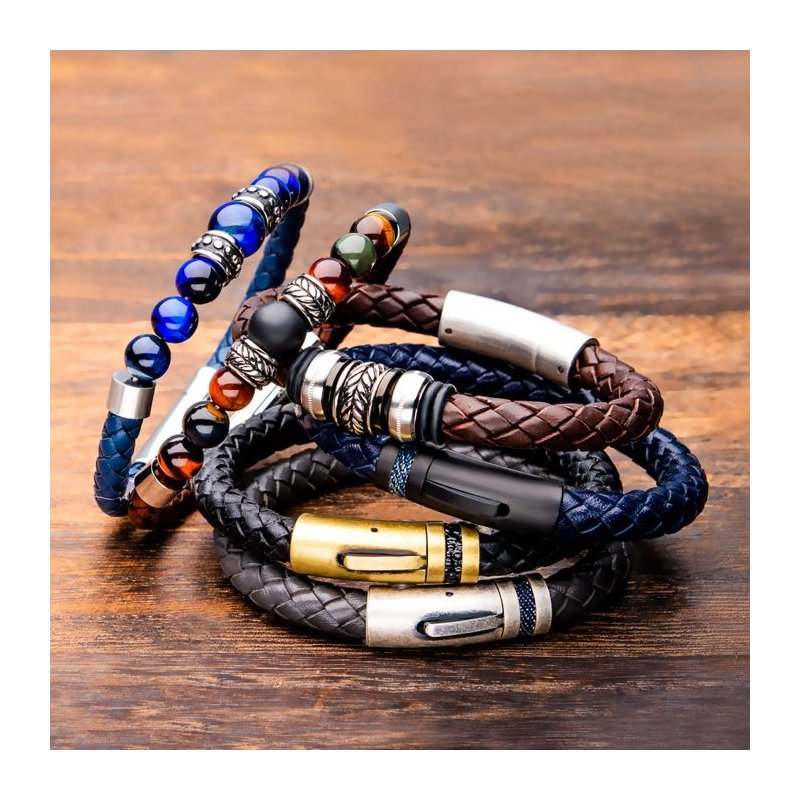 INOX Jewelry Brown Genuine Full Grain Cowhide Leather with Steel,Tiger Eye & Black Onyx Bead Bracelet