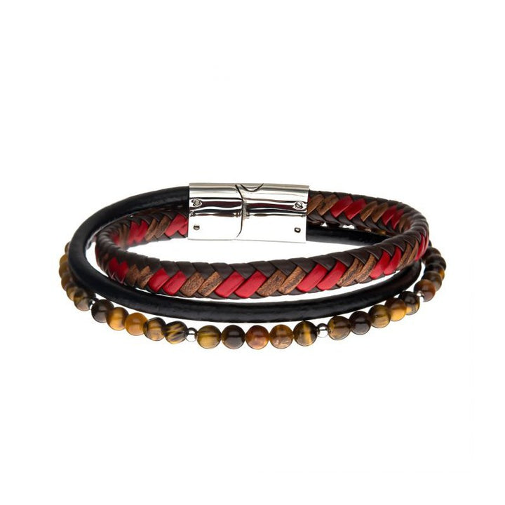 INOX Jewelry Tiger Eye Beads with Brown & Red Full Grain Cowhide Leather Layered Bracelet