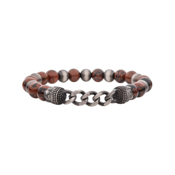 INOX Jewelry Gun Metal IP Buddha Curb Chain with Genuine Mahogany Obsidian Stone Beads BR42300BO