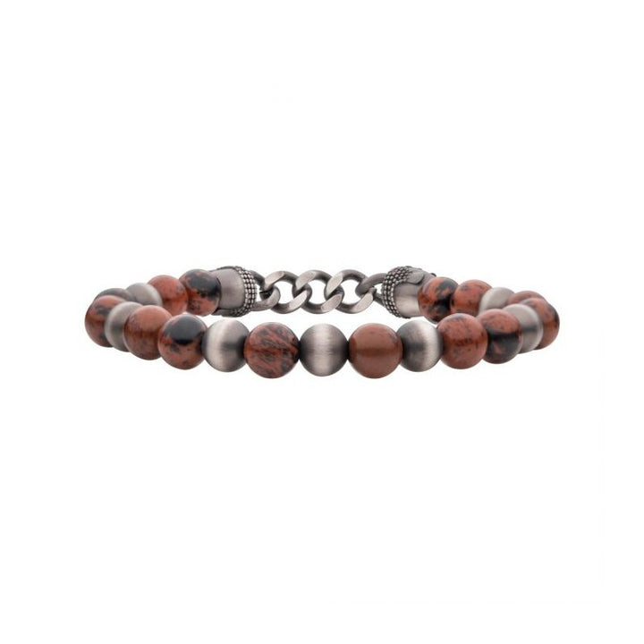 INOX Jewelry Gun Metal IP Buddha Curb Chain with Genuine Mahogany Obsidian Stone Beads