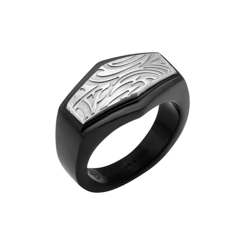 INOX Jewelry Polished Finish Black IP Frame with Brushed Finish Steel Grooves & Crests Ring HBFR2742