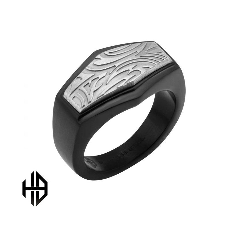 INOX Jewelry Polished Finish Black IP Frame with Brushed Finish Steel Grooves & Crests Ring