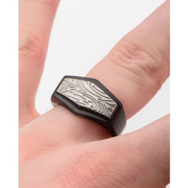 INOX Jewelry Polished Finish Black IP Frame with Brushed Finish Steel Grooves & Crests Ring
