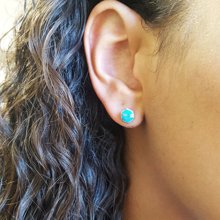 Arizona Turquoise and Inlaid Jewelry Silver AZ Turquoise and Opal Inlay Hexagon Studs