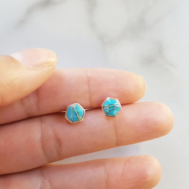Arizona Turquoise and Inlaid Jewelry Silver AZ Turquoise and Opal Inlay Hexagon Studs