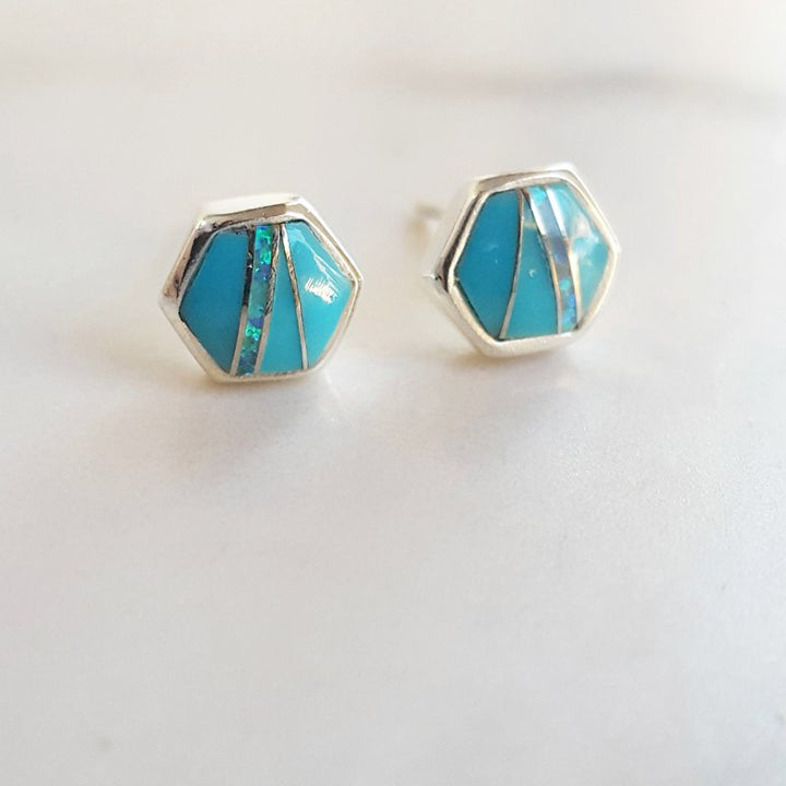 Arizona Turquoise and Inlaid Jewelry Silver AZ Turquoise and Opal Inlay Hexagon Studs