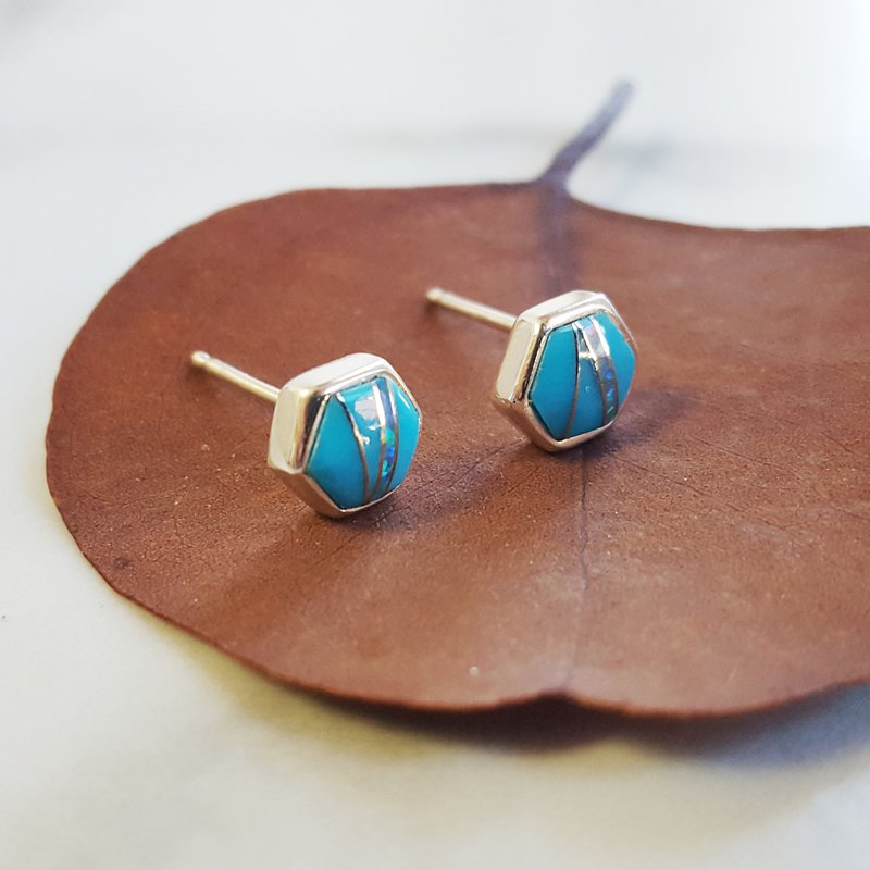  Arizona Turquoise and Inlaid Jewelry Silver AZ Turquoise and Opal Inlay Hexagon Studs 2412180 - Sami Fine Jewelry