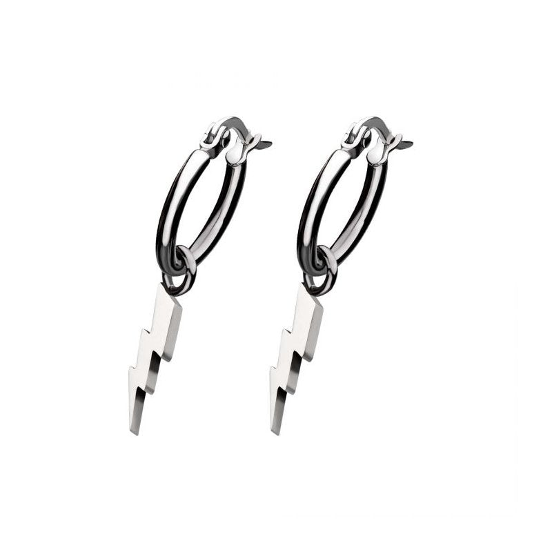 INOX Jewelry Stainless Steel Hoop Earrings with Lightning Bolt Charm