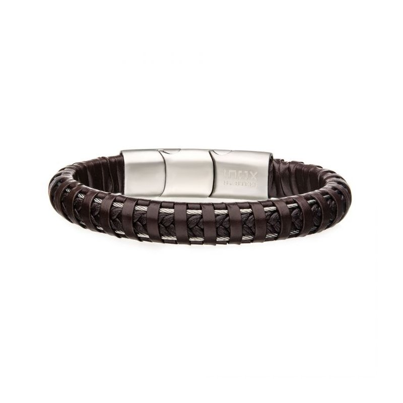 INOX Jewelry Brown Leather with Steel Clasp Bracelet BR336BRN
