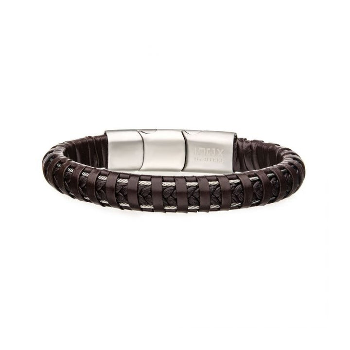 INOX Jewelry Brown Leather with Steel Clasp Bracelet BR336BRN