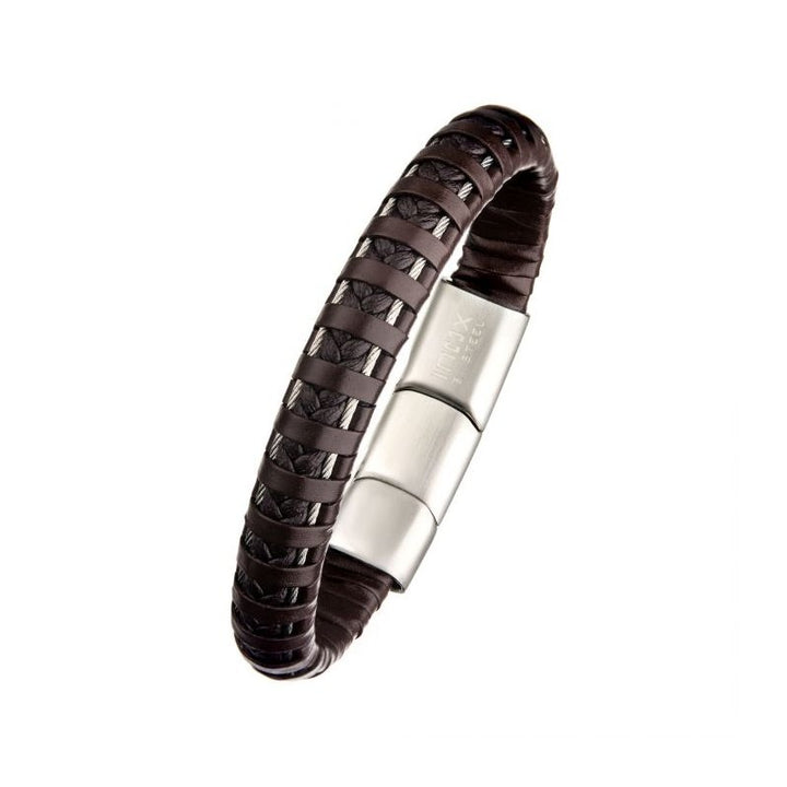 INOX Jewelry Brown Leather with Steel Clasp Bracelet