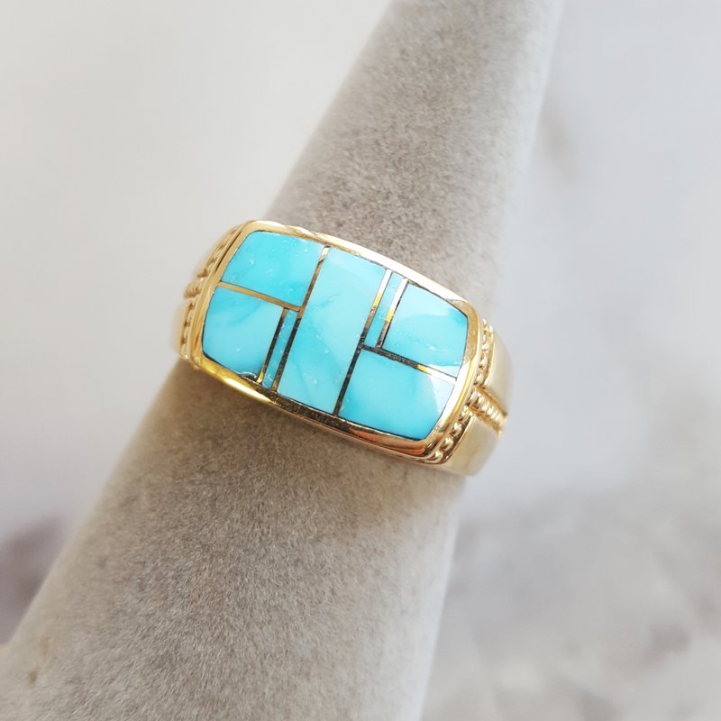  Arizona Turquoise and Inlaid Jewelry Sleeping Beauty Turquoise Mens Ring 110647 - Sami Fine Jewelry