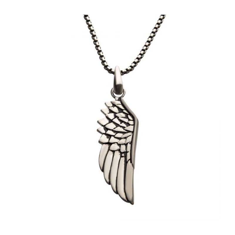 INOX Jewelry Steel Wing Pendant with Black Oxidized Steel Box Chain