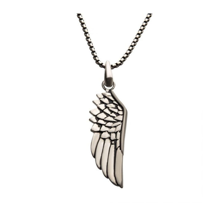 INOX Jewelry Steel Wing Pendant with Black Oxidized Steel Box Chain