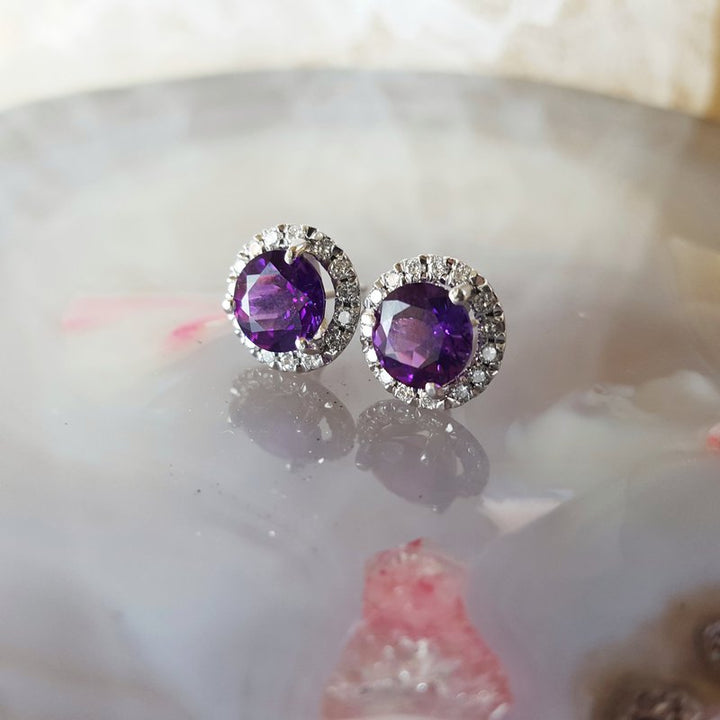 Sami Fine Jewelry Amethyst Diamond Halo Studs