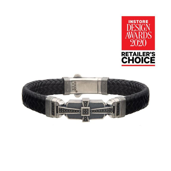 INOX Jewelry Genuine Sterling Silver with Black Braided Leather & 40pc Black CZ Bracelet
