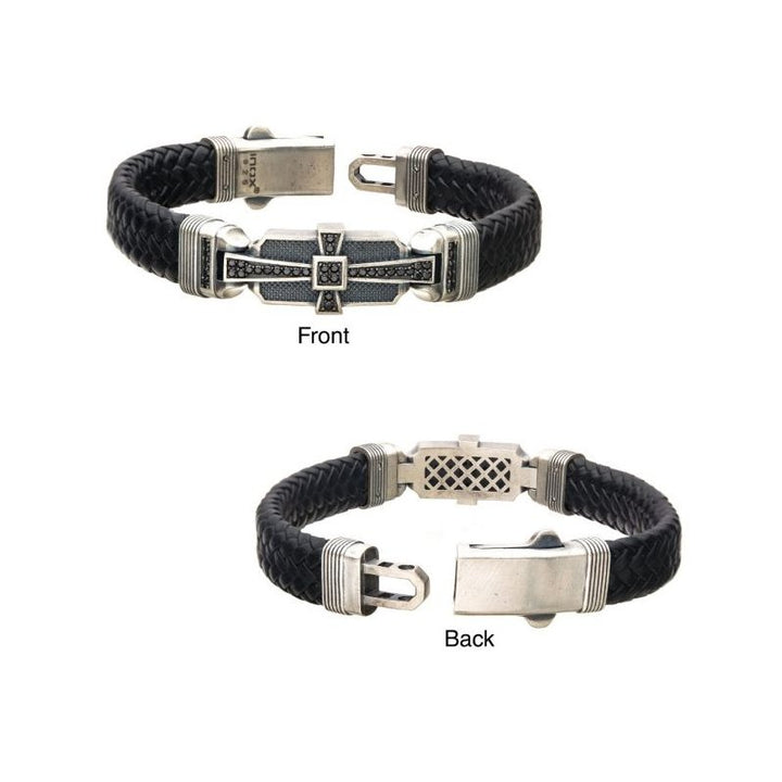 INOX Jewelry Genuine Sterling Silver with Black Braided Leather & 40pc Black CZ Bracelet