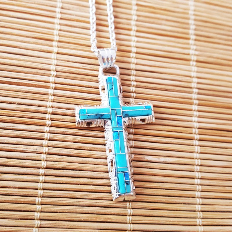 Arizona Turquoise and Inlaid Jewelry Modern Cross Pendant