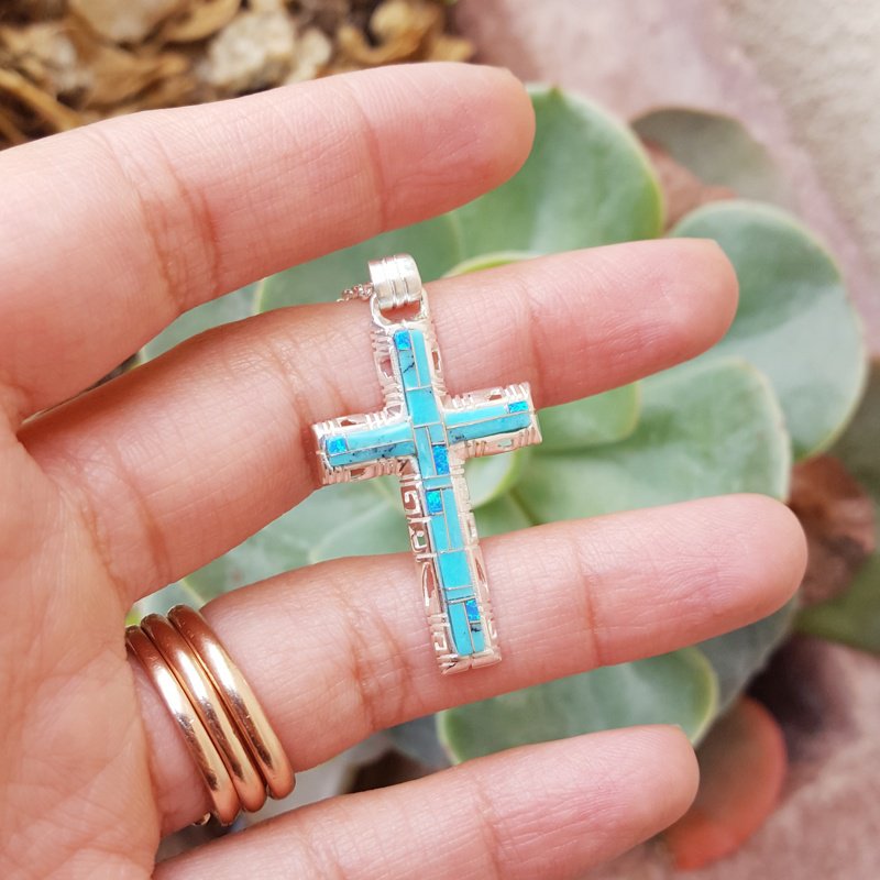Arizona Turquoise and Inlaid Jewelry Modern Cross Pendant