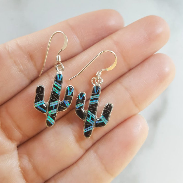 Arizona Turquoise and Inlaid Jewelry Onyx and Created Opal Saguaro Cactus Dangle Earrings