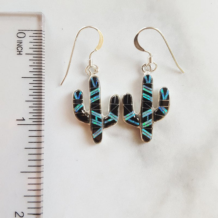 Arizona Turquoise and Inlaid Jewelry Onyx and Created Opal Saguaro Cactus Dangle Earrings