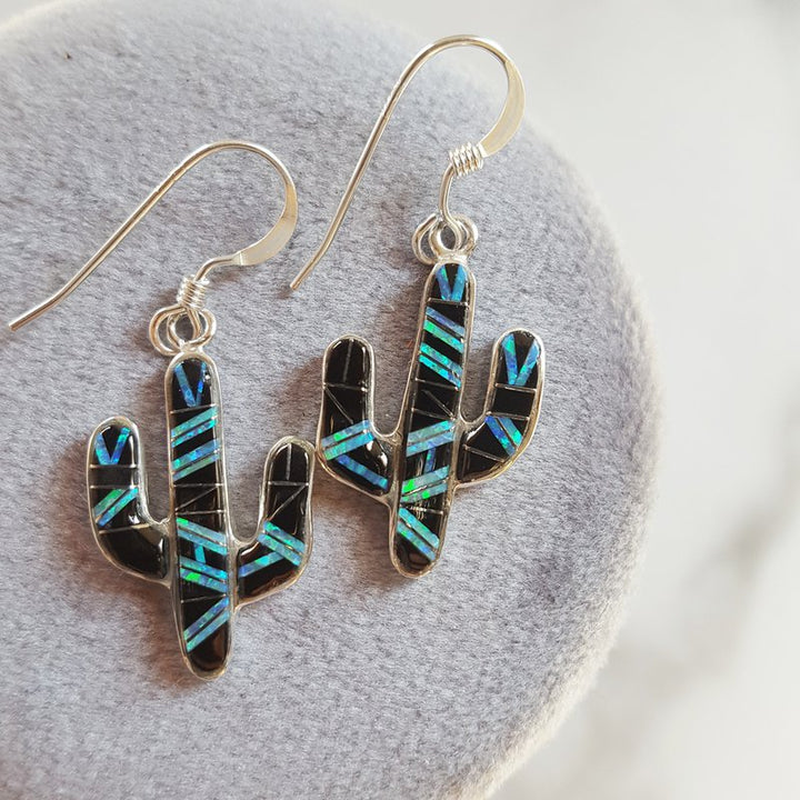 Arizona Turquoise and Inlaid Jewelry Onyx and Created Opal Saguaro Cactus Dangle Earrings