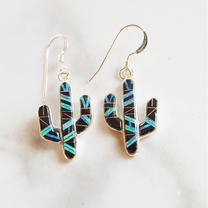 Arizona Turquoise and Inlaid Jewelry Onyx and Created Opal Saguaro Cactus Dangle Earrings 2412094