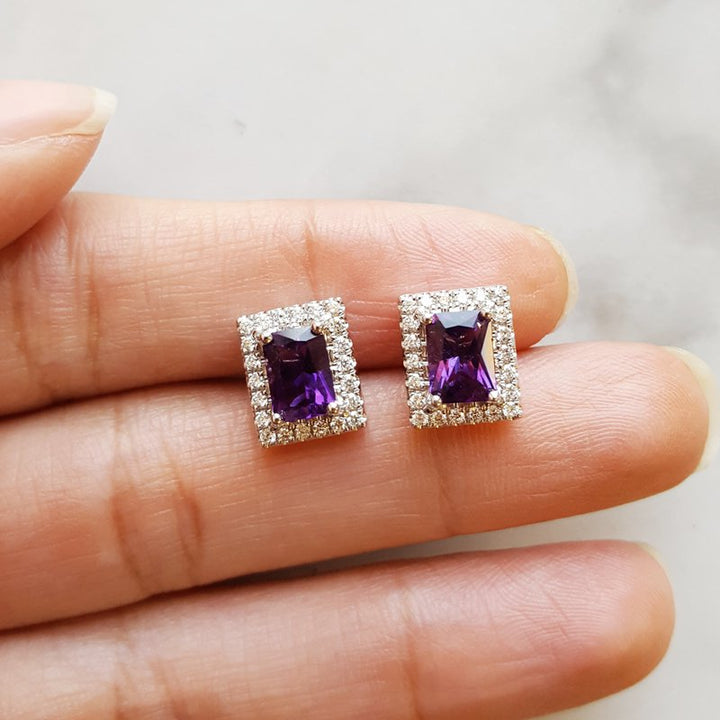 Arizona Amethyst Gold Jewelry Radiant Cut Amethyst and Diamond Studs