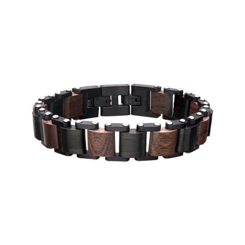 INOX Jewelry Stainless Steel with Walnut Wood Link Bracelet BR33658K