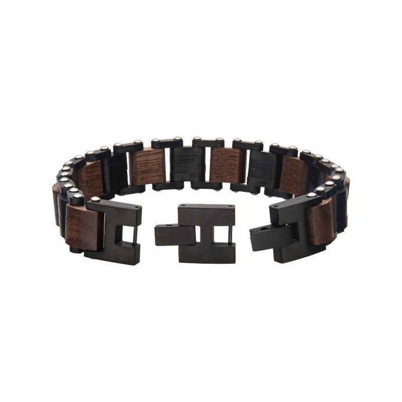 INOX Jewelry Stainless Steel with Walnut Wood Link Bracelet