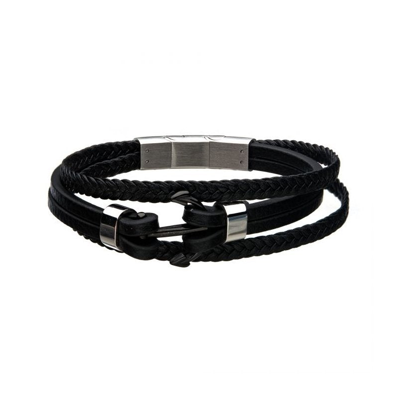 INOX Jewelry Black Leather with Steel Stoppers Bracelet BRLTM105