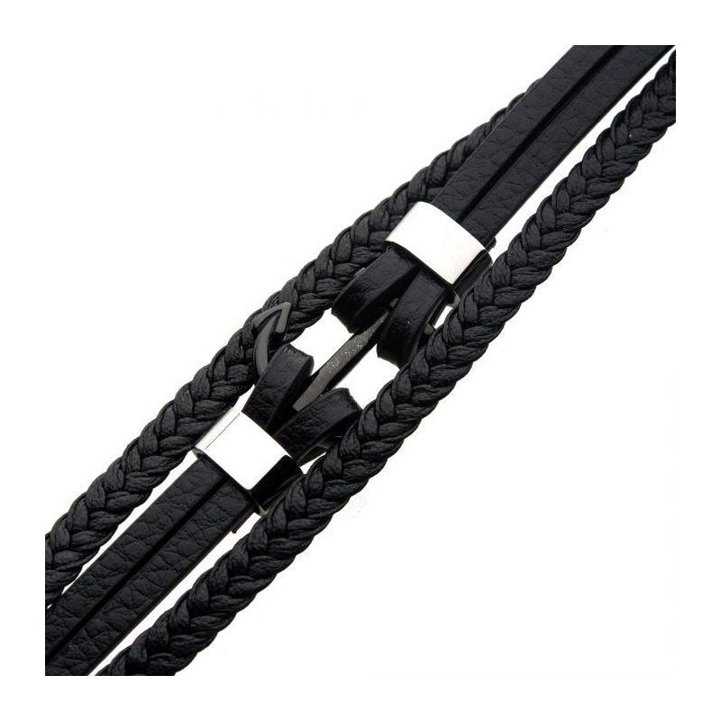 INOX Jewelry Black Leather with Steel Stoppers Bracelet