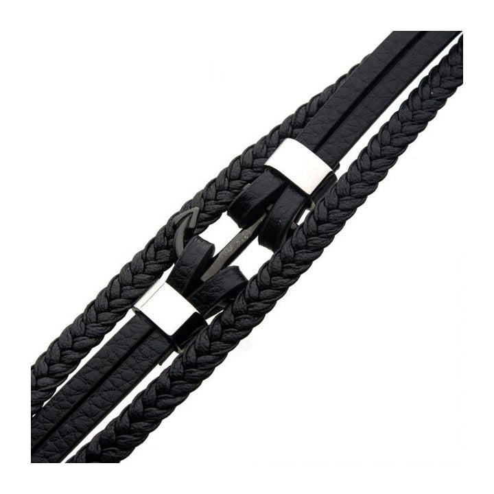 INOX Jewelry Black Leather with Steel Stoppers Bracelet