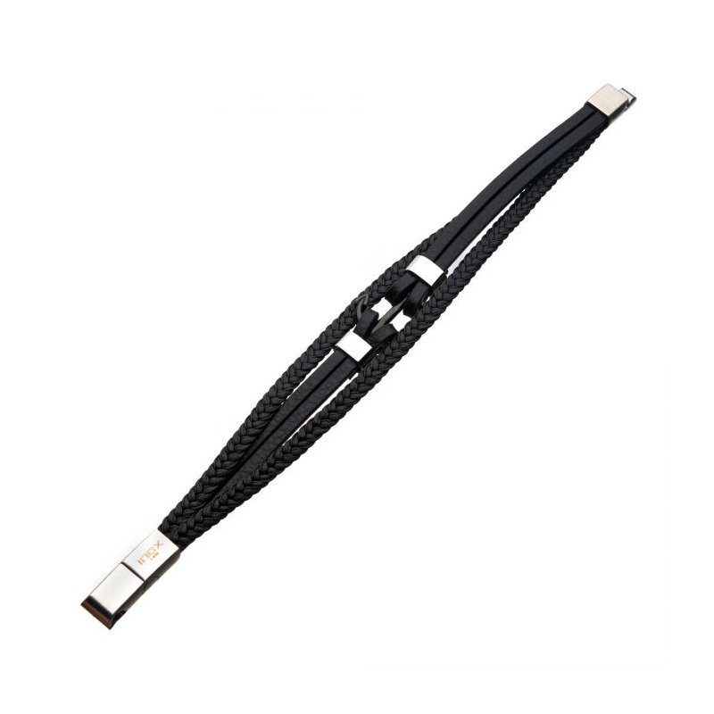 INOX Jewelry Black Leather with Steel Stoppers Bracelet