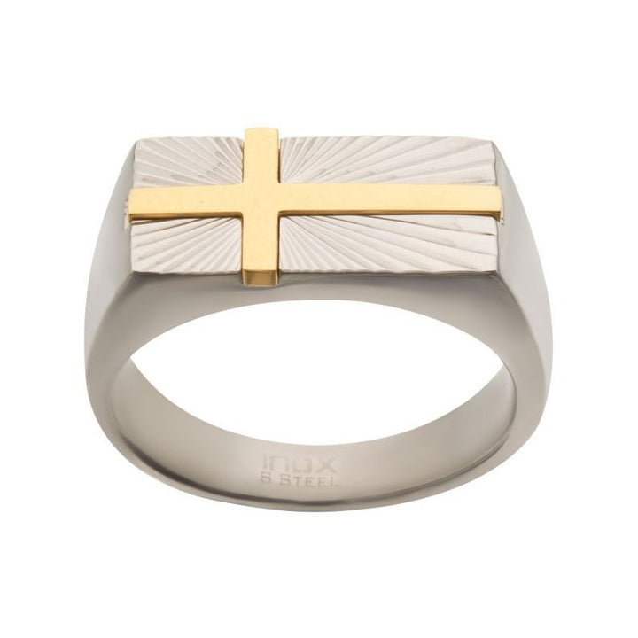 INOX Jewelry Stainless Steel with Gold IP Transfiguration Cross Ring