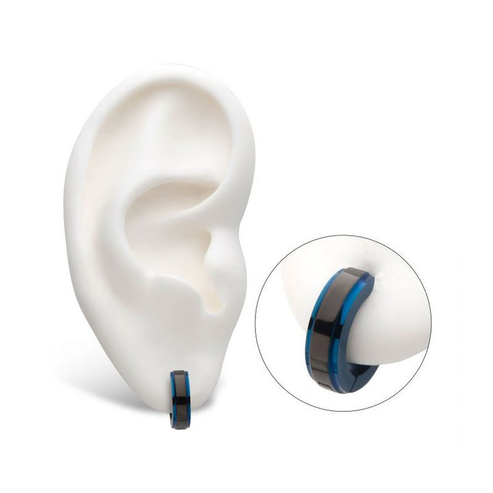 INOX Jewelry Black & Blue IP Side Lines Huggie Earrings